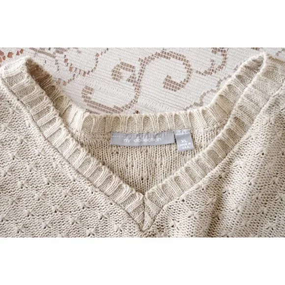 NY Collection Beige Oatmeal 3/4 Sleeve V-Neck Sweater size XL Extra Large - Picture 3 of 3